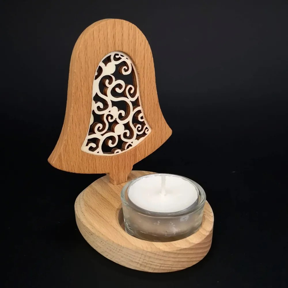 AMADEA Drevený svietnik zvonček s vkladom - ornament, masívne drevo, výška 10 cm