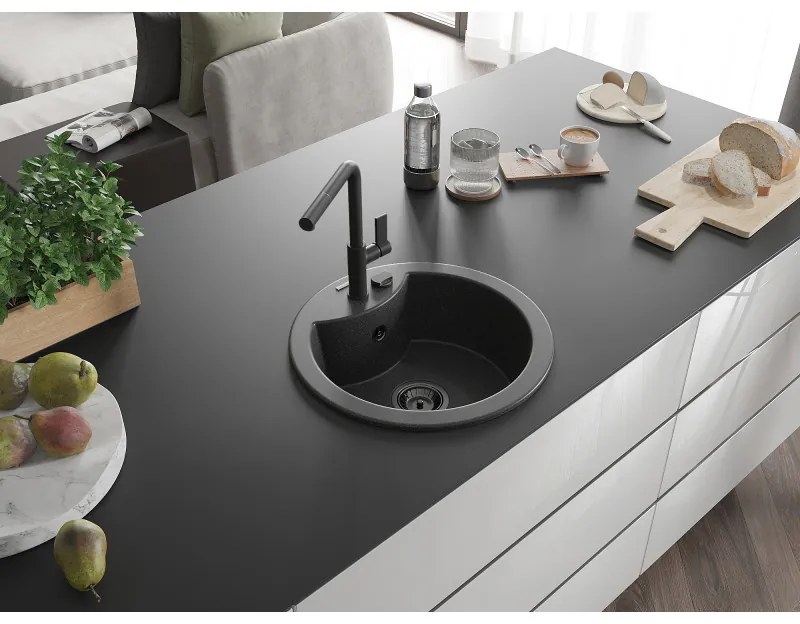 Mexen Diego, 1-komorový granitový drez 488x488x167 mm a drezová batéria Flora, čierna škvrnitá, 6512-76-670401-70-B
