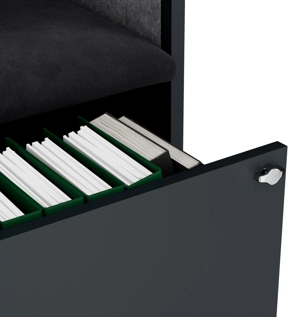 Kancelárska akustická kabína so sedadlom a portom USB-C, telo v antracitovej farbe / sedadlo v tmavosivá farbe, 1150 mm: SALLY MentalBox