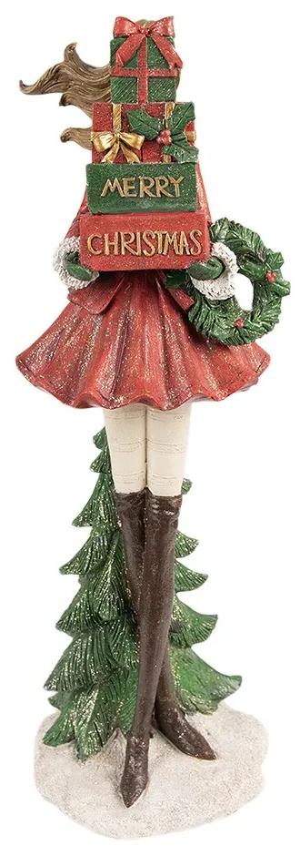 Červená dekorácia socha dievča s venčekom a darčekmi Merry Christmas - 15*14*43 cm