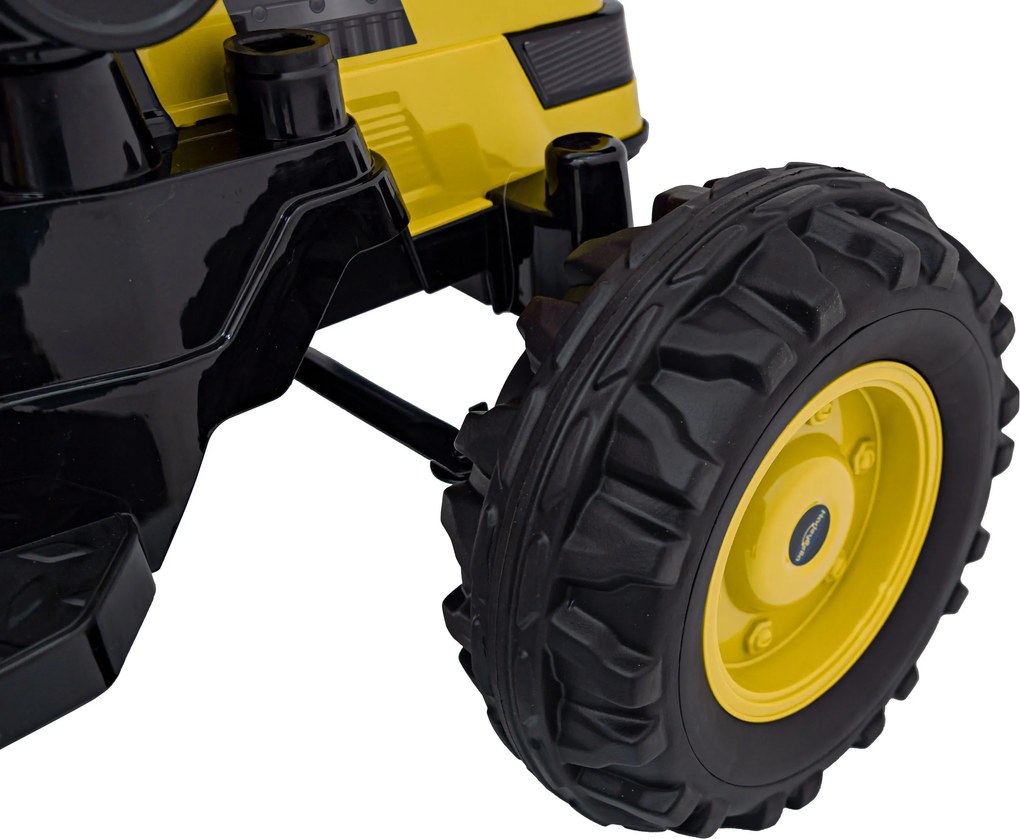 Ramiz Detský traktor na batérie žltý + pohyblivé rameno s lyžicou + diaľkové ovládanie + pomalý štart + FM rádio + LED