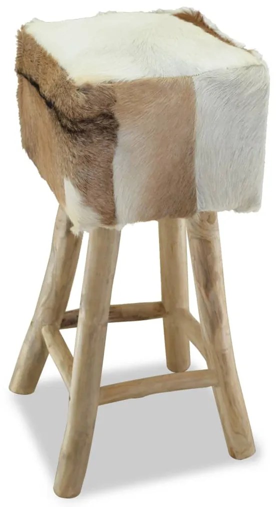 vidaXL Štvorcová barová stolička z pravej kože a teakového dreva