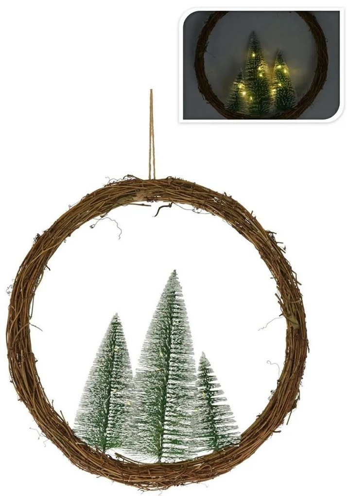 Ratanový veniec s LED vianočnými stromčekmi 40 cm
