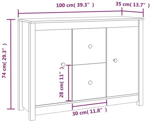 vidaXL Komoda biela 100x35x74 cm borovicový masív-
