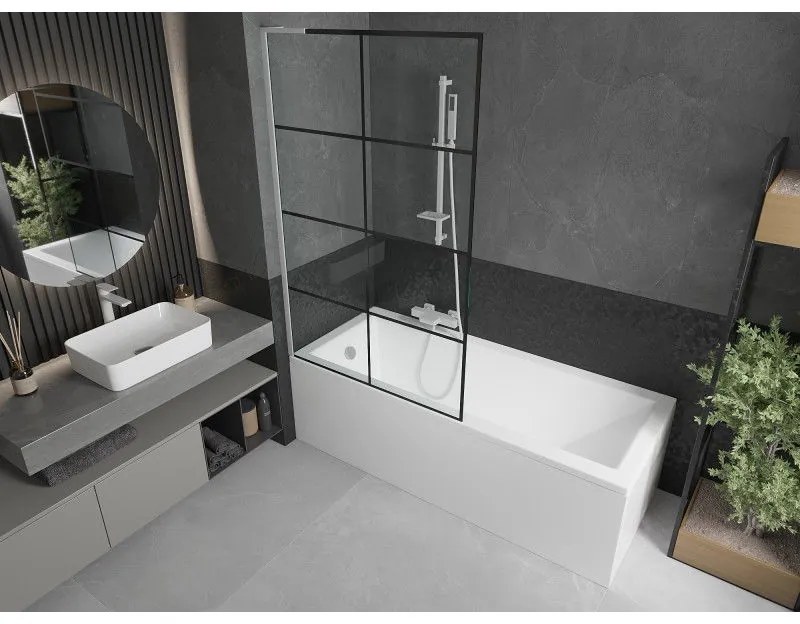 Mexen Next L, 1-krídlová vaňová zástena 100 x 150 cm, 6mm číre sklo-čierny vzor, biely profil, 895-100-000-03-77-20