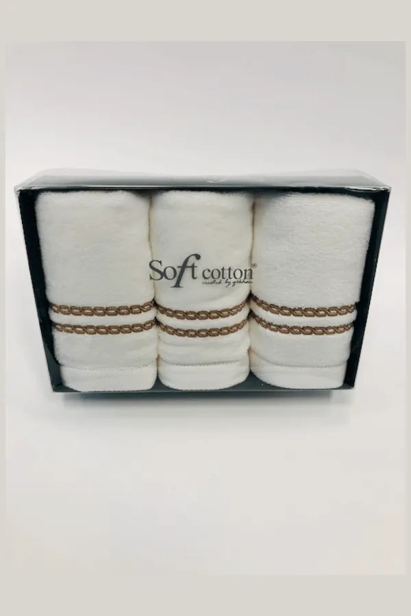 Soft Cotton 3x malý uterák CHAINE 30x50 cm Biela / béžová výšivka