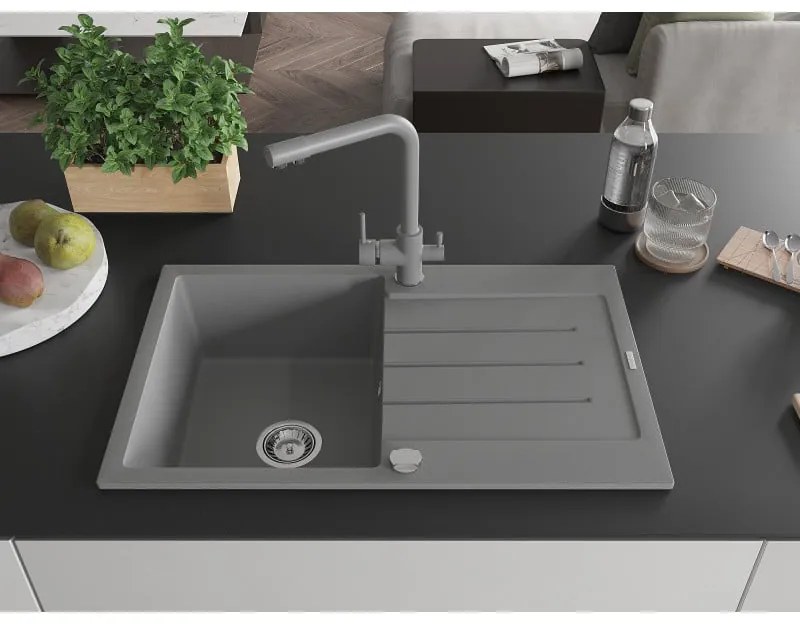 Mexen Bruno, 1-komorový granitový drez s odkvapkávačom 795x495x200 mm a šedá batéria Duero, šedá, 6513-71-671600-71