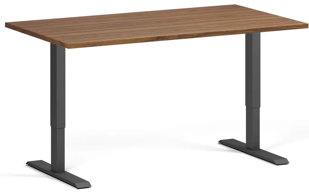 Výškovo nastaviteľný stôl, 140x80 cm, 1 motor, čierna podnož, orech