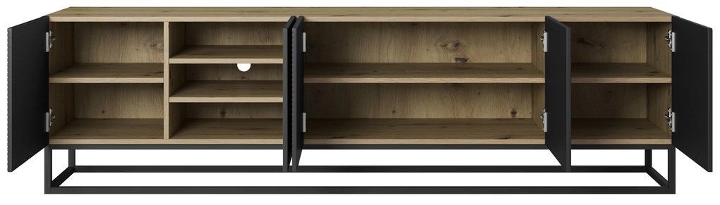 TV skrinka Asha 200 cm s ryhovaným čelom - artisan / čierny mat