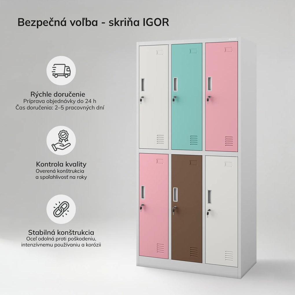 Šatníková skriňa BHP v pastelovo sivej farbe, 6-dverová: IGOR, 900 x 1850 x 450 mm