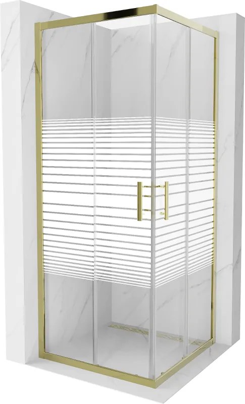 Mexen Rio, štvorcový sprchovací kút s posuvnými dverami 80(dvere) x 80(dvere) x 190 cm, 6mm číre sklo s pásikmi, zlatý profil, 860-080-080-50-20