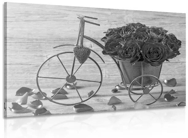 Obraz bicykel plný ruží v čiernobielom prevedení