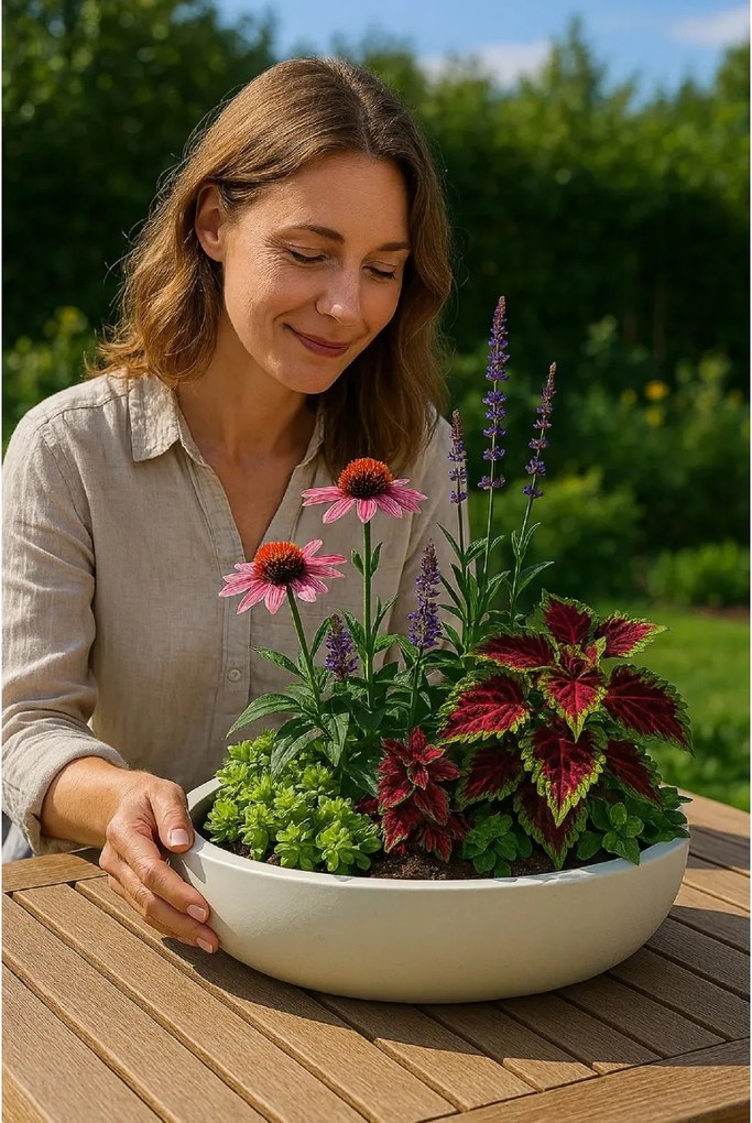 Misa na kvety PLANA, sklolaminát, priemer 54 cm, krémová