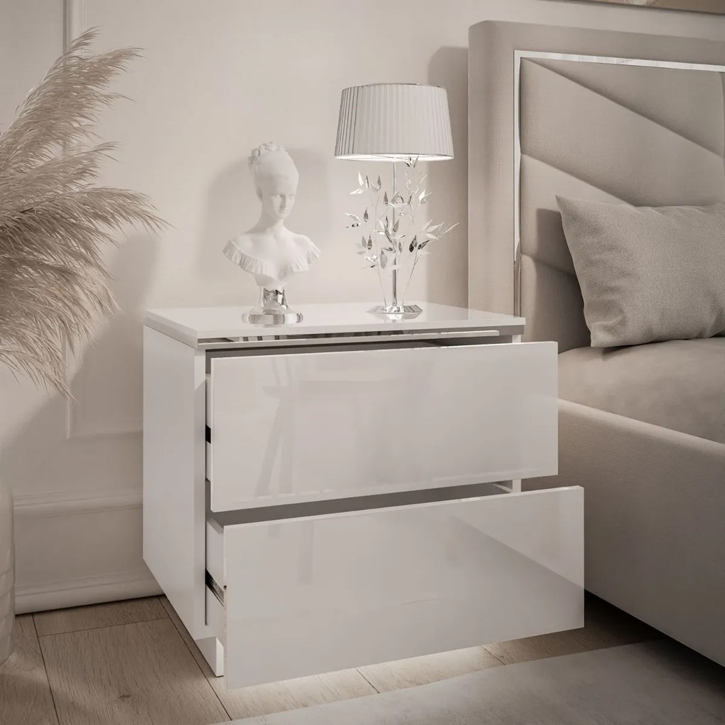 NOČNÝ STOLÍK NESSIE 2 BIELY LESK + STRIEBORNÝ LED