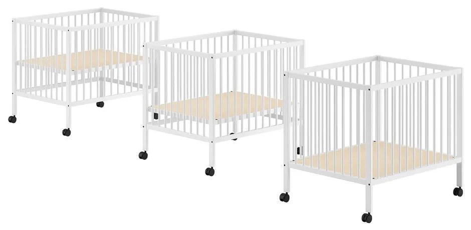 Biela detská ohrádka z bukového dreva s nastaviteľnou výškou/na kolieskach 95x75 cm Dino – Vipack