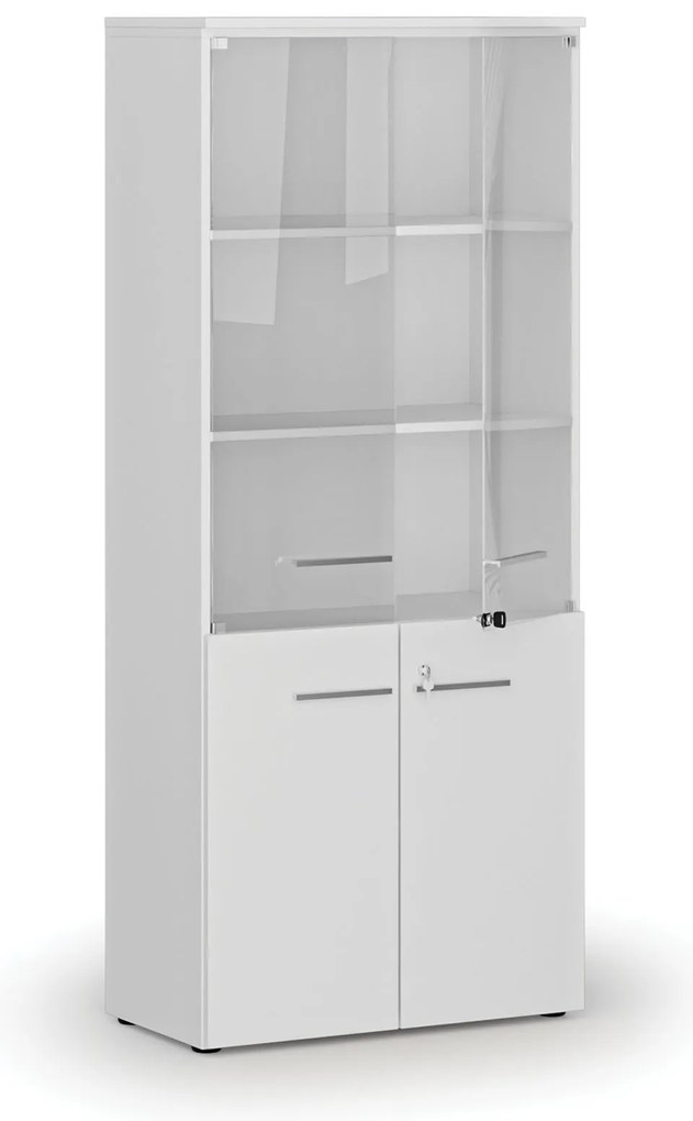 Kombinovaná kancelárska skriňa PRIMO WHITE s drevenými a sklenenými dverami, 800 x 420 x 1781 mm, biela
