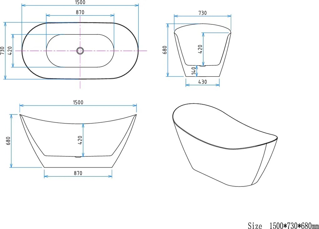 Erga Lina, voľne stojaca vaňa 150x73 cm + odtoková zátka, biela lesklá, ERG-LINA-150073-WH-WH