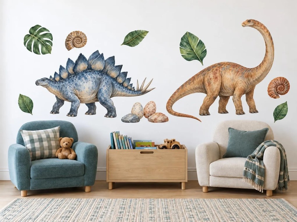 Stegosaurus a dlhokrký dinosaurus praveké akvarelové nálepky pre malých aj väčších chlapcov na stenu arch 46 x 23 cm
