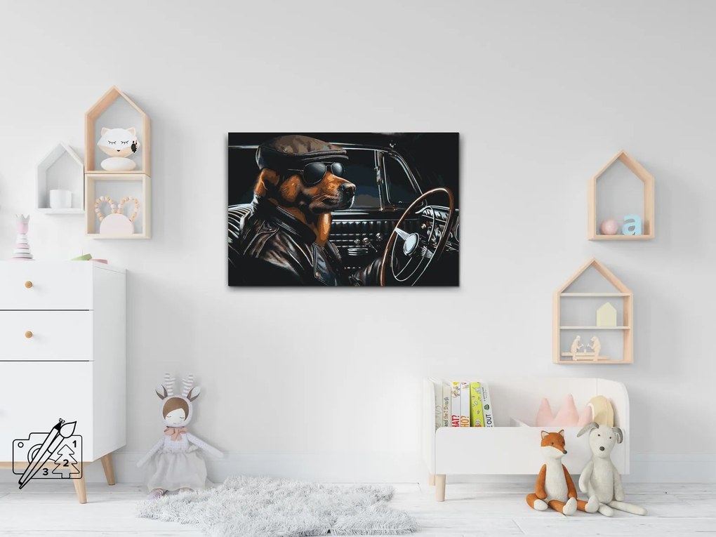 Gario Maľovanie podľa čísel Pes v čiernom kabriolete Rozmery: 40 x 60 cm, Rámovanie: Iba zrolované plátno