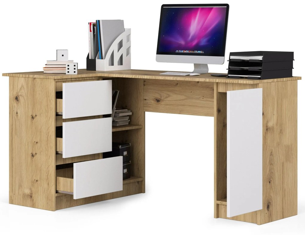 Rohový PC stolík Bevin (dub artisan + biela) (L). Akcia -18%. Vlastná spoľahlivá doprava až k Vám domov. 1070969