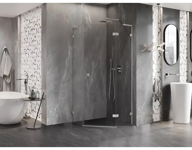 Mexen Lunar, L päťuholníkový sprchový kút naklápací vpravo 80 x 80 cm, 8mm číre sklo, oceľový profil, 831L-080P-080L-97-00-P