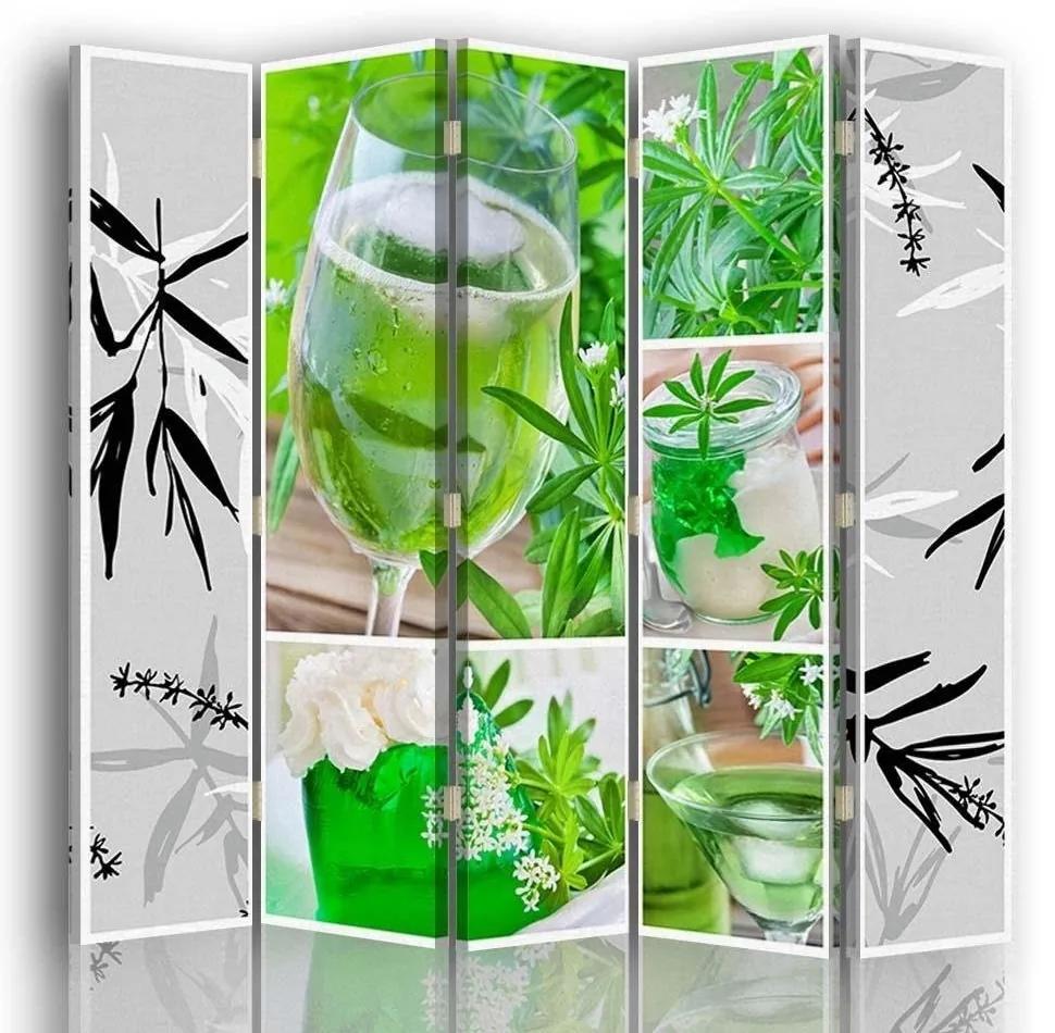 Ozdobný paraván Zelené lázně Leafy Green Zen Spa - 180x170 cm, päťdielny, klasický paraván