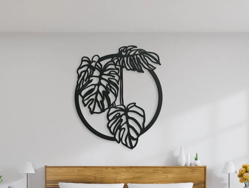 drevko Okrúhly drevený obraz Monstera deliciosa Rozmer obrazu: 38,5 x 32,5 cm, Farba dekorácie: Čierna
