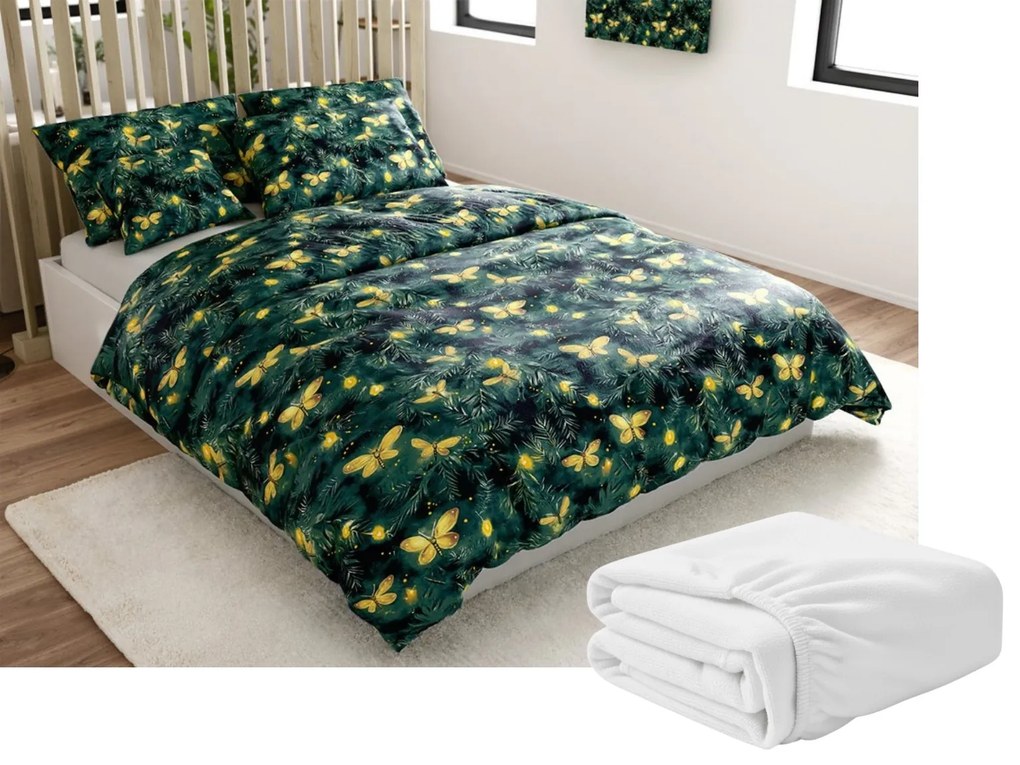 Sada mikroplyšových obliečok YELLOW BUTTERFLY tmavozelené + plachta mikroplyš SOFT 180x200 cm biela, dvojlôžko