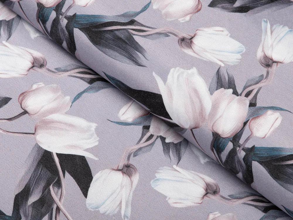 Biante Dekoračný behúň na stôl PML-034 Biele tulipány na sivom 35x180 cm