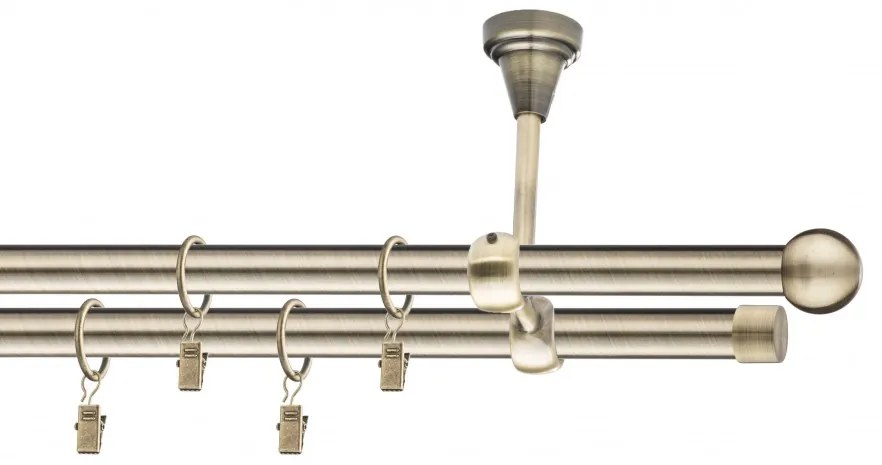 Dekorstudio Stropná mosadzná dvojradová garniža GUĽA 19mm Dĺžka: 140cm, Typ uchytenia: Držiak dvojitý modern, Typ príslušenstva: Krúžky tiché so štipcami