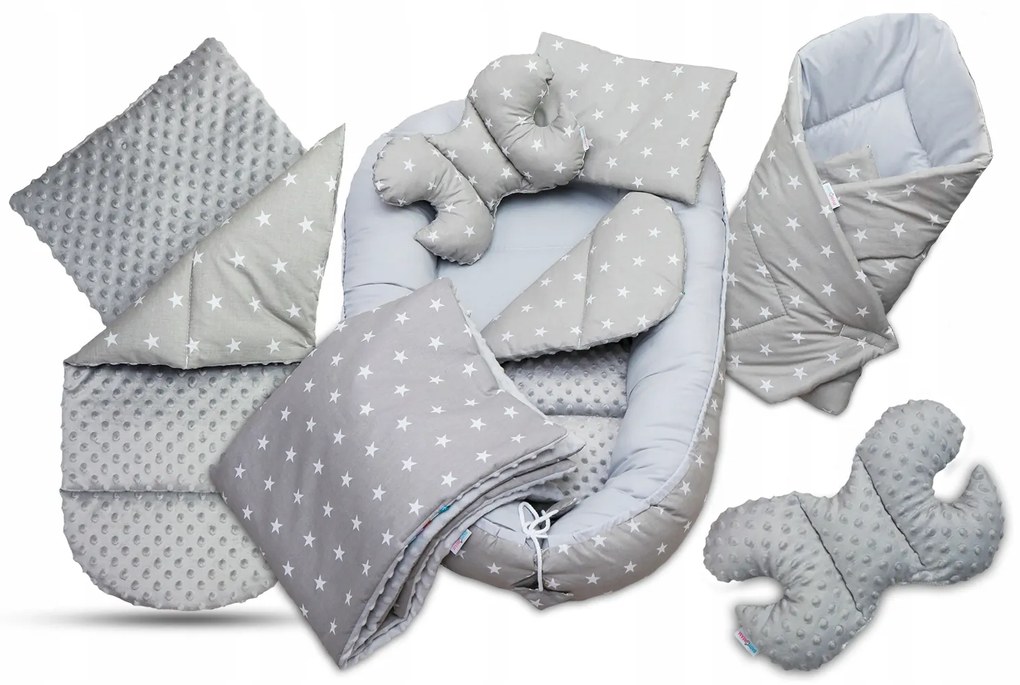 Obojstranné hniezdočko (kokon) pre bábätko - BABYMAM PREMIUM set 7v1 - Malé biele hviezdičky so šedou Minky