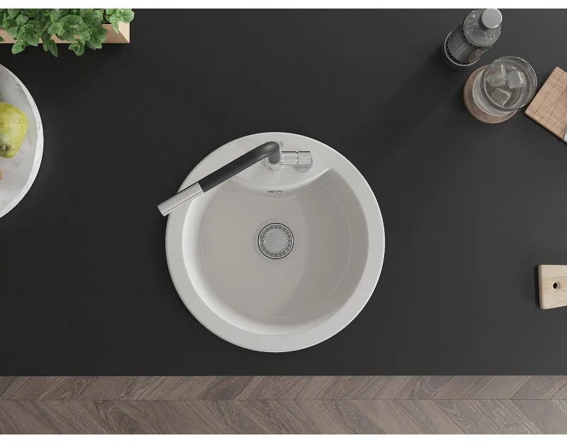 Mexen Diego, 1-komorový granitový drez 488x488x167 mm a drezová batéria Flora, biela, 6512-20-670401-07