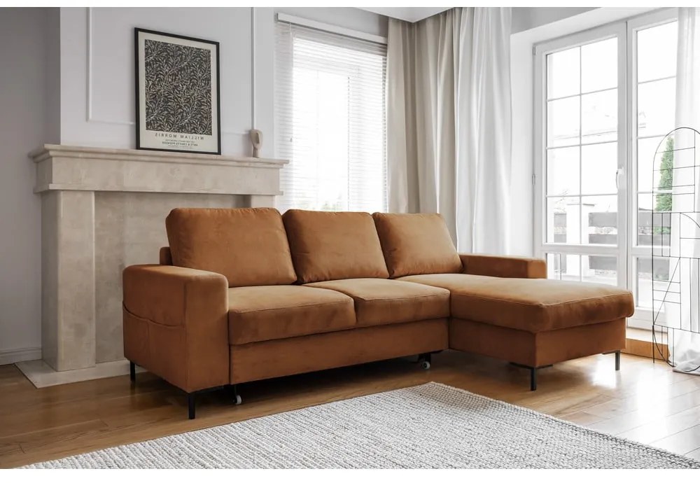 Oranžovohnedá menčestrová rozkladacia rohová pohovka (pravý roh) Lofty Lilly – Miuform