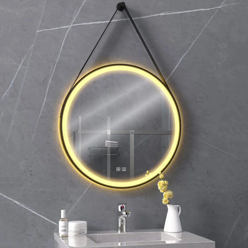 Tutumi Tutumi, okrúhle LED zrkadlo 70cm zavesené na čiernom pásiku, model 104, predné osvetlenie, HOM-02697