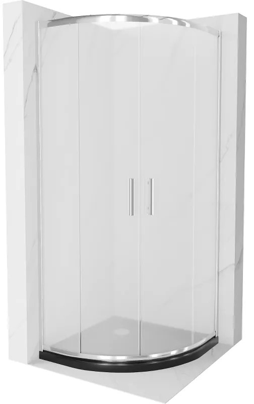 Mexen Rio, štvrťkruhový sprchovací kút s posuvnými dverami 90 x 90 cm, 6mm sklo námraza, chrómový profil + čierna sprchová vanička, 863-090-090-01-30-4170
