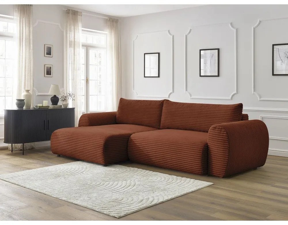 Menčestrová rozkladacia rohová pohovka v tehlovej farbe (ľavý roh) Lucien – Bobochic Paris