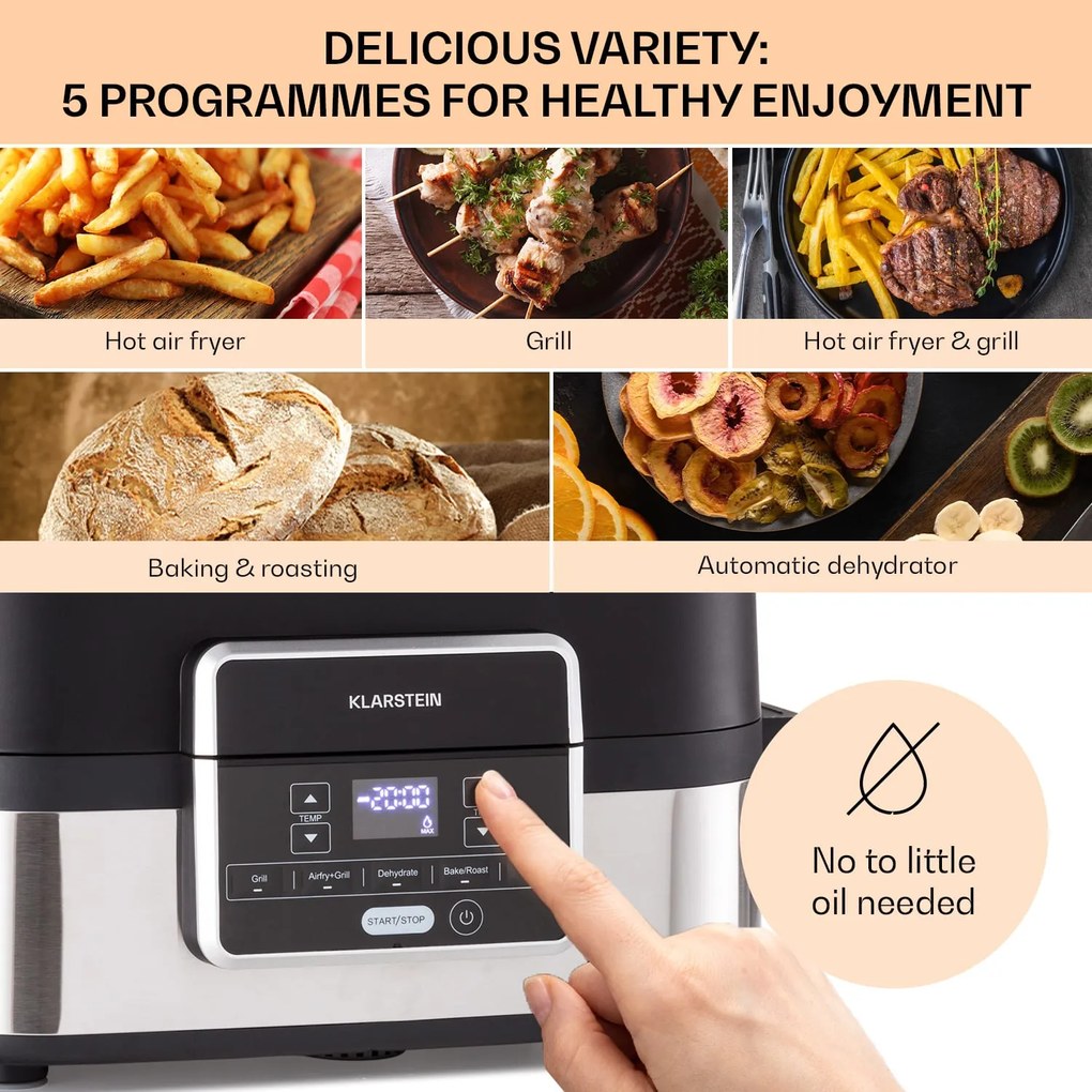 Klarstein Combo Air, teplovzdušná fritéza s grilom, 1500 W, 4,5 l grilovací kôš, 2,5 l fritovací kôš, 5 programov