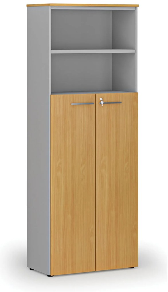 Kombinovaná kancelárska skriňa PRIMO GRAY, dvere na 4 poschodia, 800 x 420 x 2128 mm, sivá/buk