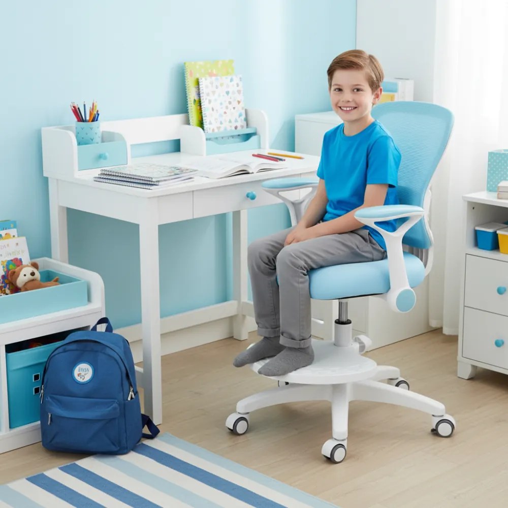 Detská rastúca stolička Neoseat JUNI 007 — látka, prateľný poťah, modrá