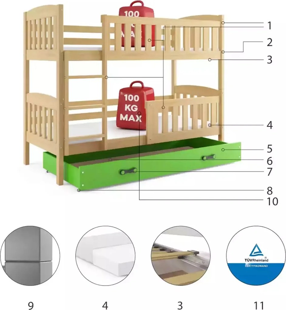 Poschodová posteľ KUBO 200x90 | borovica - zelená