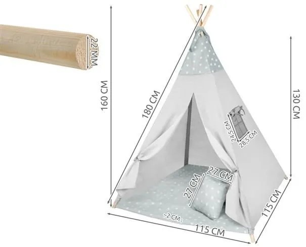 ISO Detský stan Teepee, šedý - hviezdičky, 8703