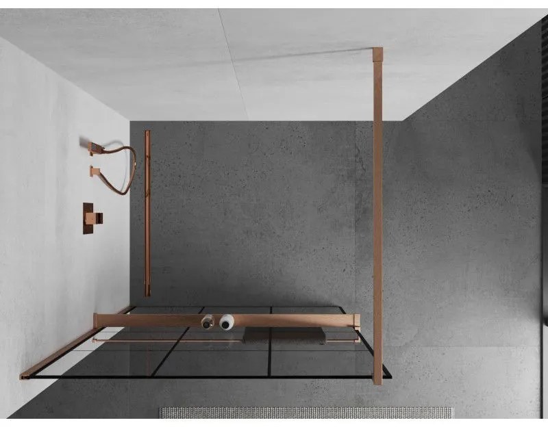 Mexen Kioto+, sprchová zástena Walk-In s poličkou a vešiakom 110 x 200 cm, 8mm číre sklo čierny vzor, medený matný profil, 800-110-121-65-77