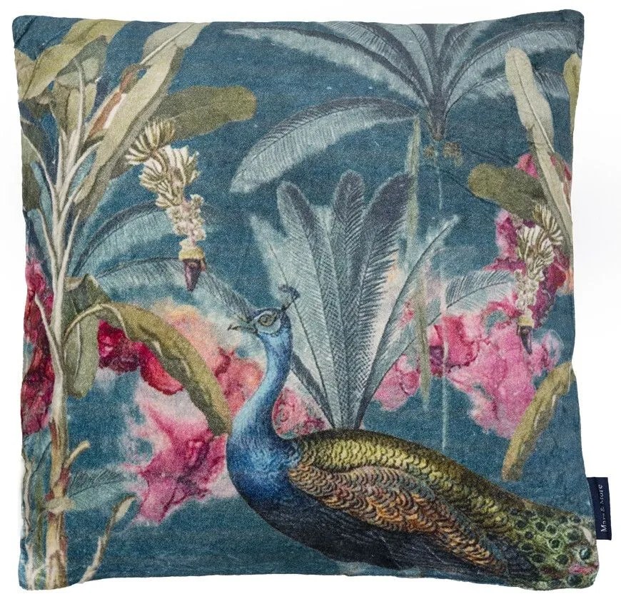 Zamatový vankúš s pávom a kvetinami - 45 * 45 cm