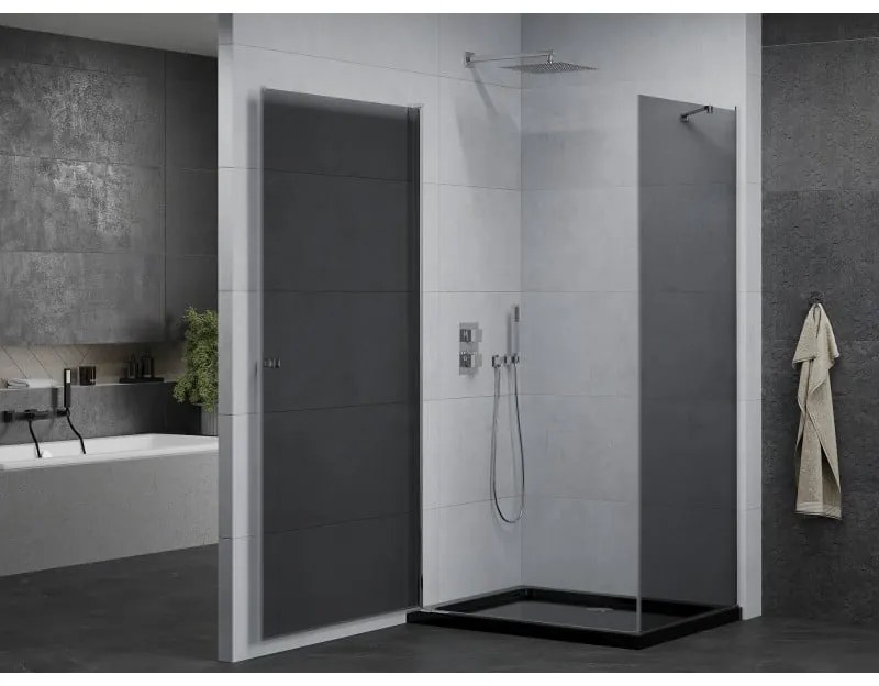 Mexen Pretoria, sprchovací kút 70 (dvere) x 110 (stena) cm, 6mm šedé sklo, chrómový profil + čierna sprchová vanička, 852-070-110-01-40-4070