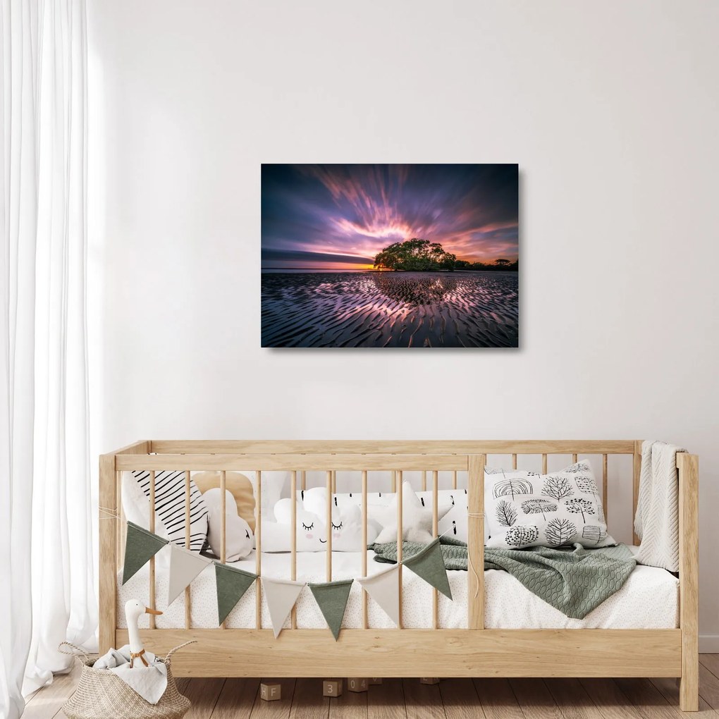 Sklenený obraz stromu na pláži (70x50 cm)