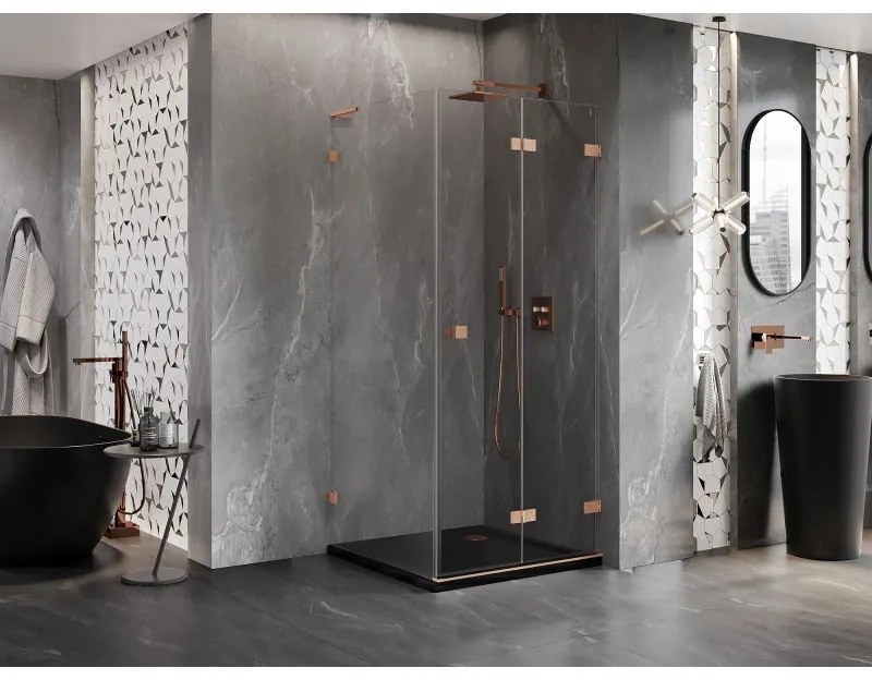 Mexen Lunar-F L, 1-krídlový sprchový kút so skladacími dverami, pravý, 90 x 90 cm, 8mm číre sklo, medený profil, 836L-090-090-65-00-P