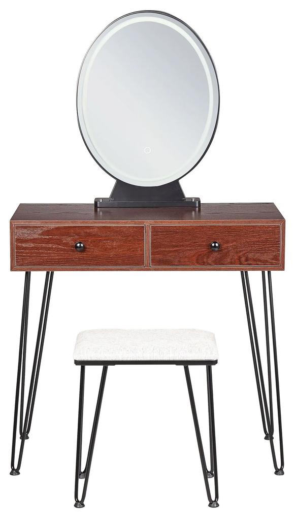 Toaletný stolík s 2 zásuvkami a LED zrkadlom tmavé drevo/čierna LOIX Beliani