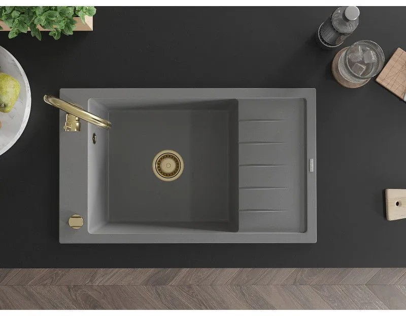 Mexen Elias, granitový drez granitový 795x480x200 mm, 1-komorový, šedá so zlatým sifónom, 6511791005-71-G