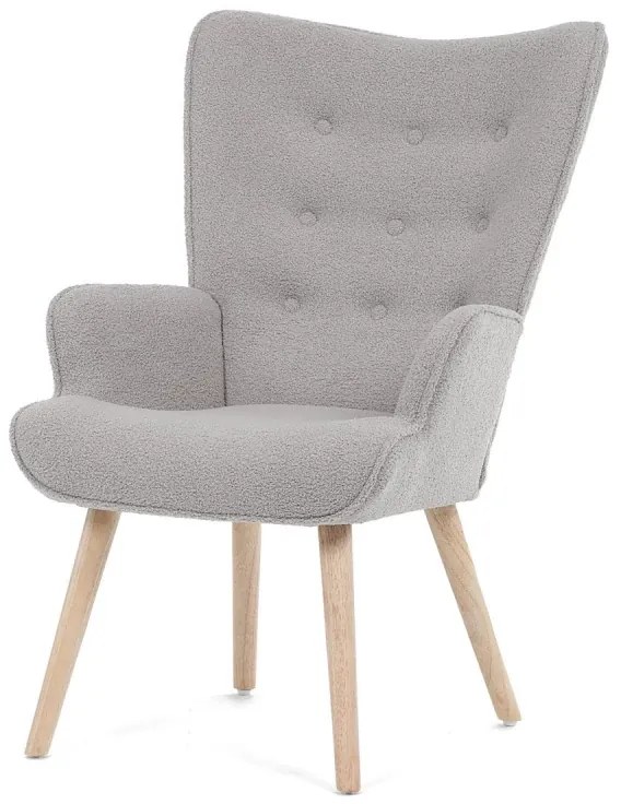 Křeslo "ušák", potah šedá látka bouclé, nohy masiv kaučukovník