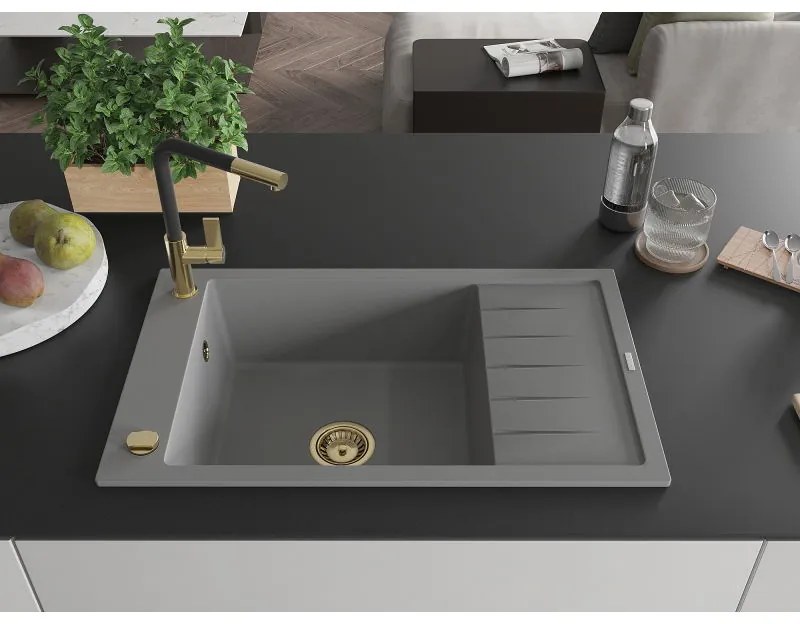 Mexen Elias, 1-komorový granitový drez 795x480x200 mm a drezová batéria Flora, šedá, 6511-71-670401-57-G